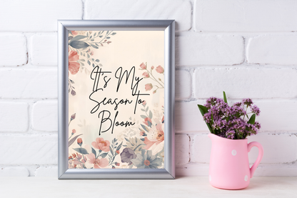 Vintage floral wall art with affirmation quote “It’s My Season to Bloom” styled in an elegant conservatory.
