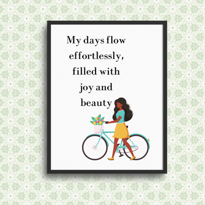Hallway: Inspirational digital wall art with a self-care affirmation, framed and styled in a bright, minimalist hallway for a calming entryway look.