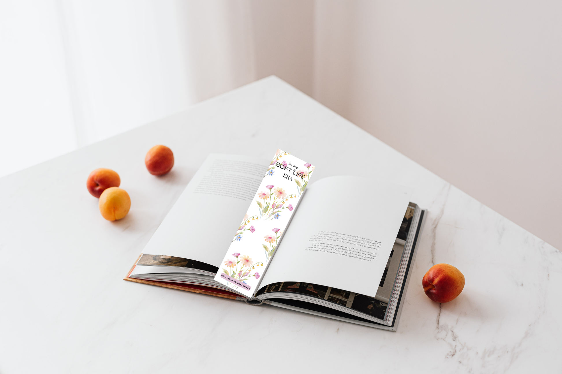 Inspirational “In My Soft Life Era” digital bookmark inside a reading book on a clean, modern desk setup.