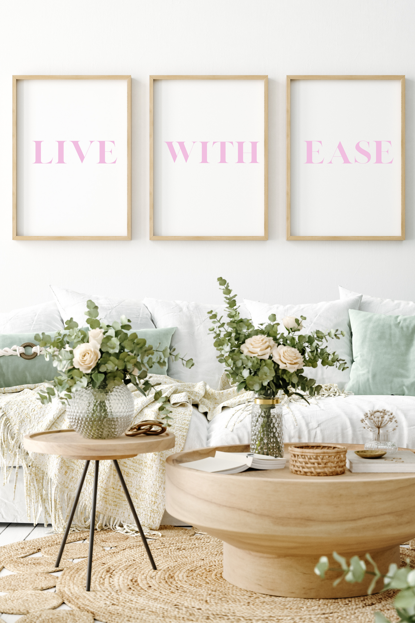 Live With Ease | x3 Digital Poster Prints | Living Room Wall Art | Empowering Affirmations | Motivational Quotes for Life | Soft Life Aesthetic