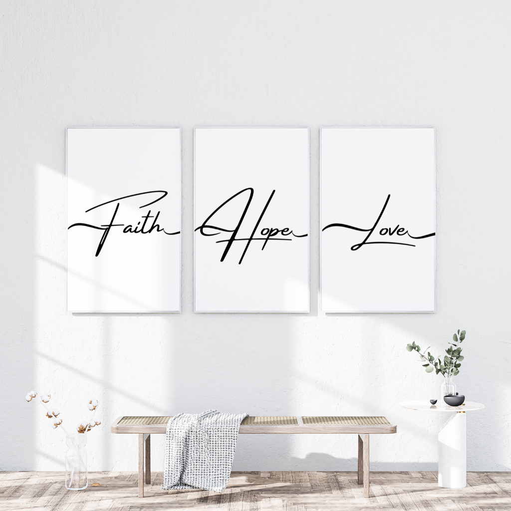 Faith Hope Love Wall Art Set | x3 Digital Poster Prints | Empowering Affirmations | Motivational Quotes for Life