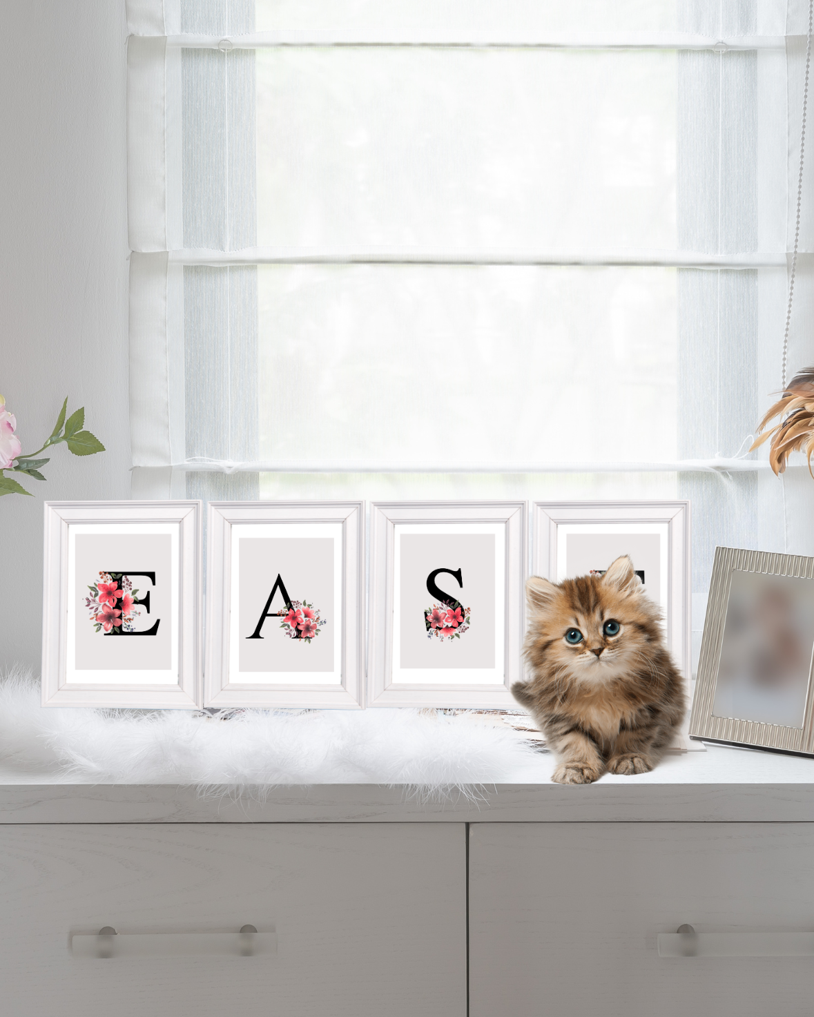 Printable EASE poster bundle on a luxury dressing table in a minimalist feminine bedroom with an adorable kitten.