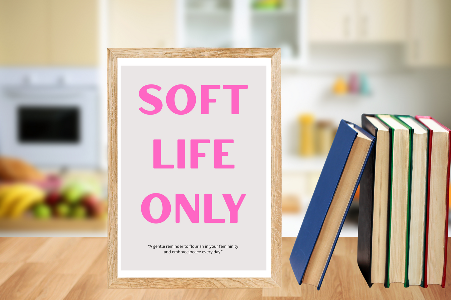 High-definition digital wall art with SOFT LIFE ONLY typography for self-care lifestyle and empowerment