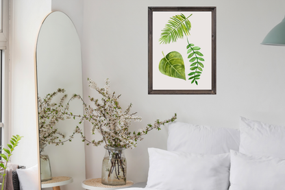 Printable leaf wall art styled above furniture in a calm neutral bedroom