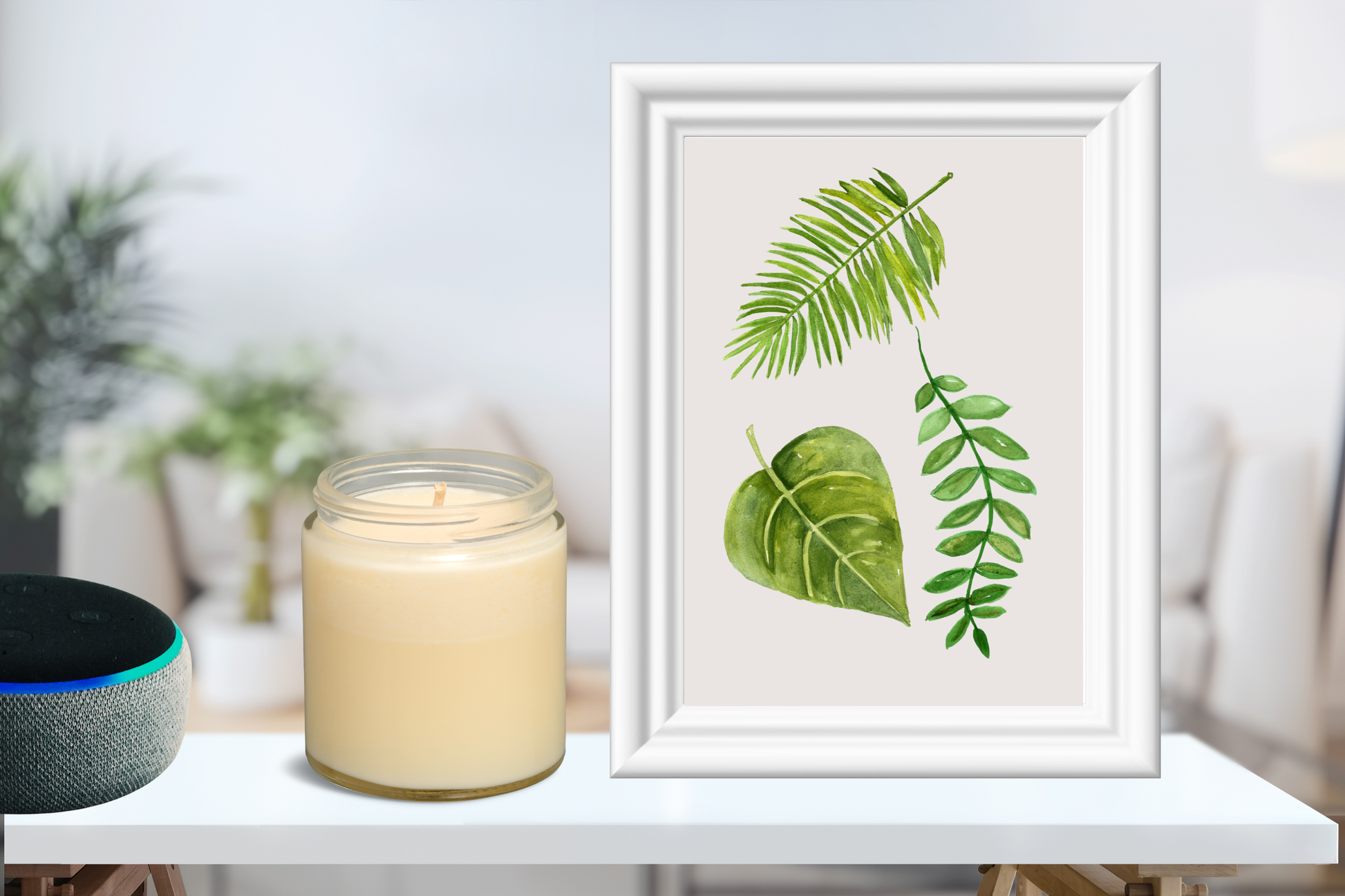 Printable botanical leaf wall art displayed in a soft life living room with neutral décor