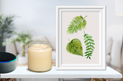 Printable botanical leaf wall art displayed in a soft life living room with neutral décor