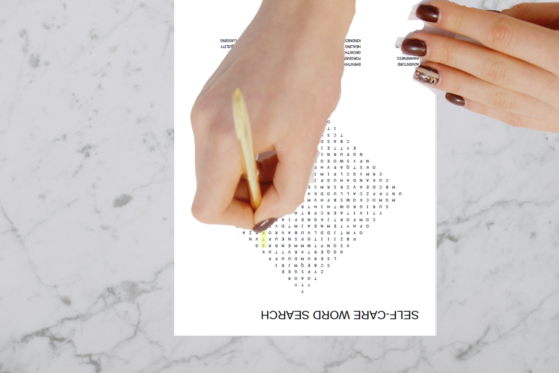 A woman completing a self-care word search activity.