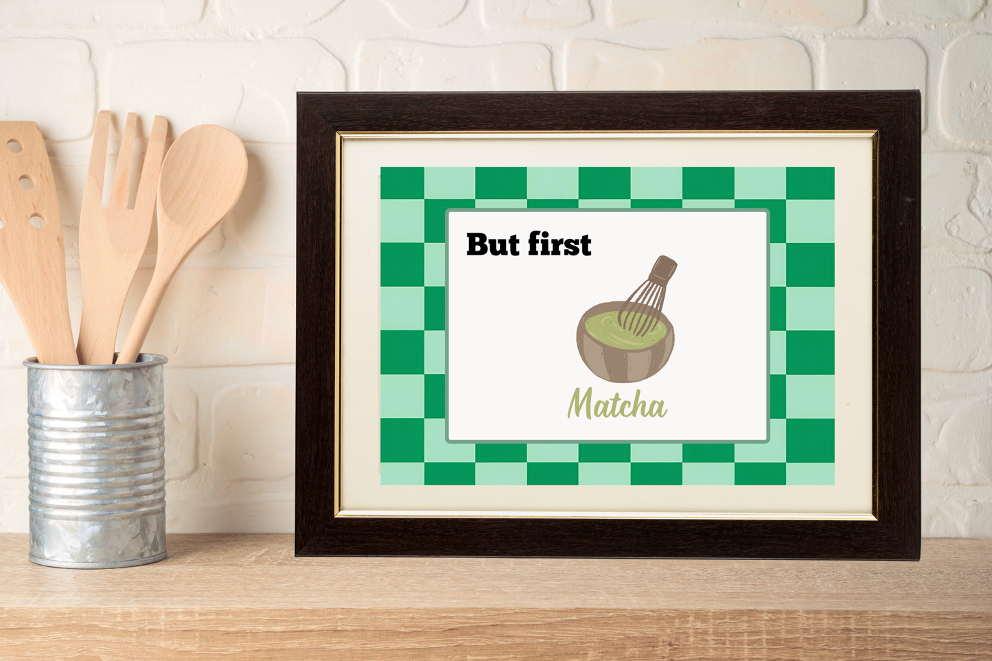 Soft green checkerboard kitchen print on counter