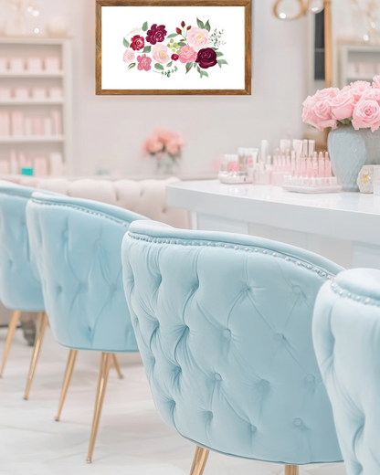 The feminine floral wall art print featuring layered roses in warm, muted tones, styled to complement mirrors, soft lighting and curated décor.