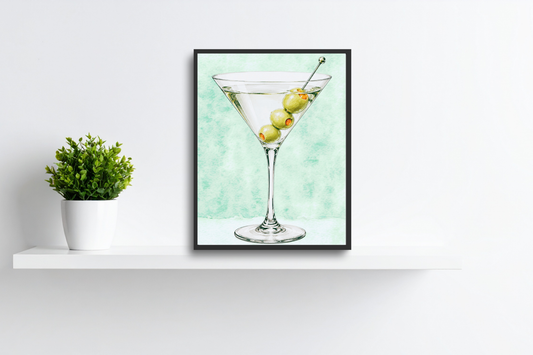 Relaxing martini printable wall art displayed in a modern living room