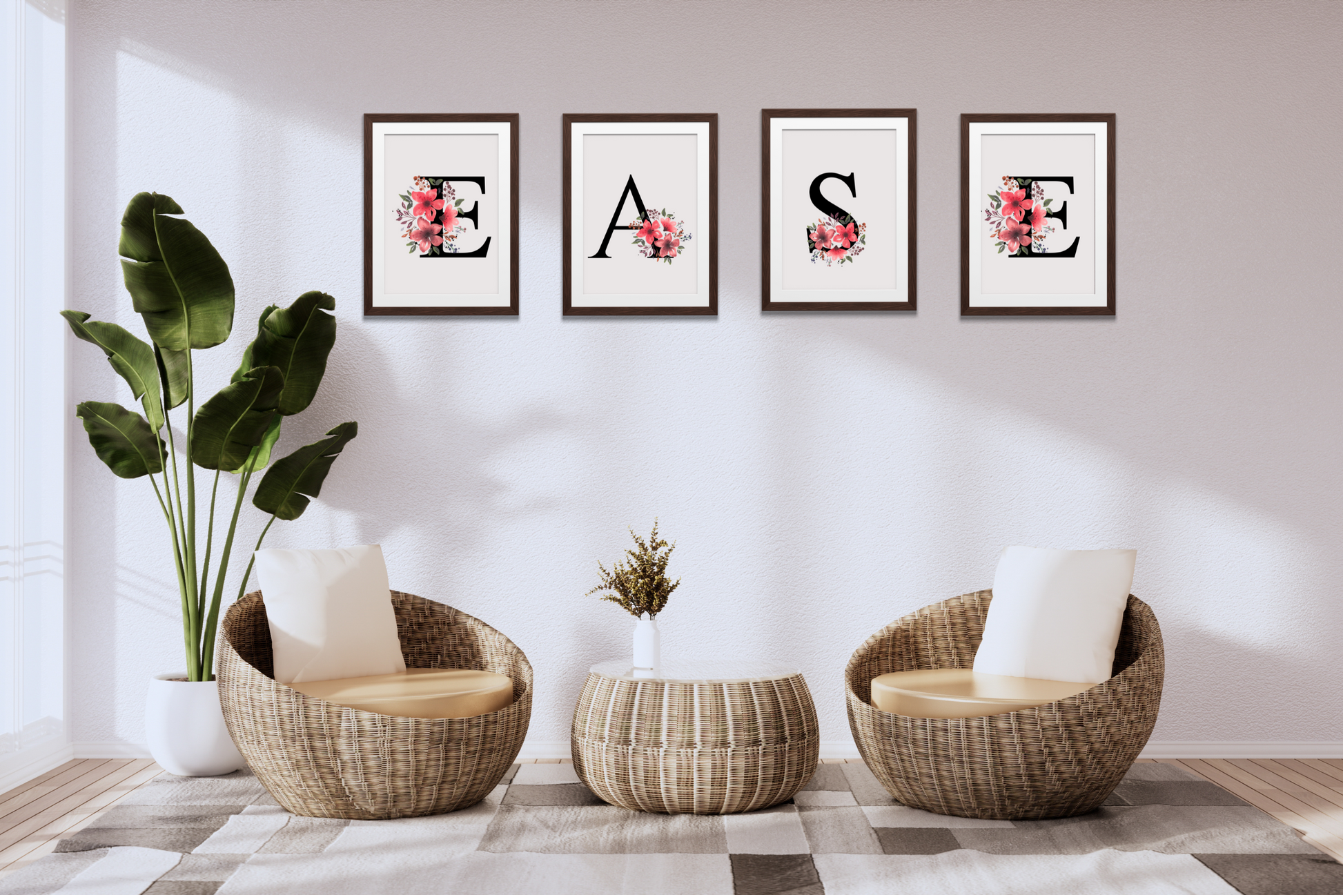 EASE printable wall art posters framed as inspirational digital prints in a modern workspace