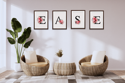 EASE printable wall art posters framed as inspirational digital prints in a modern workspace