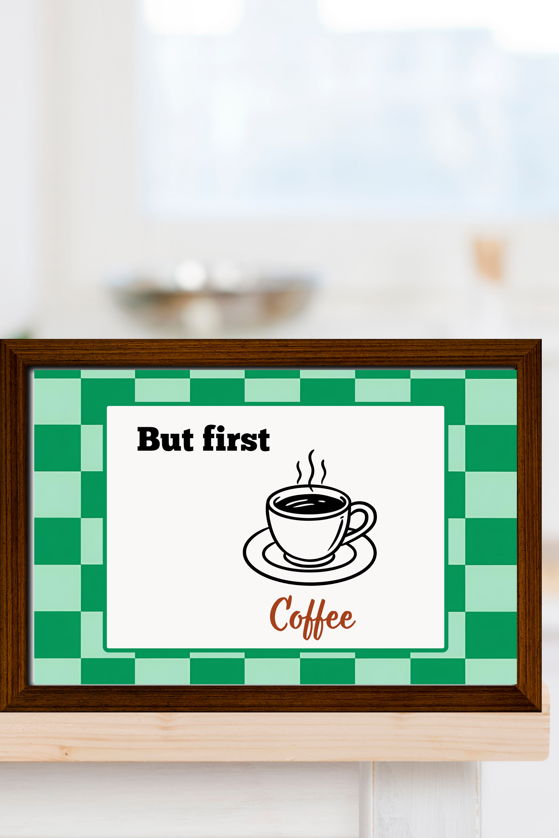 Digital retro wall art with the caption "But first Coffee,"adding warmth to a breakfast bar.