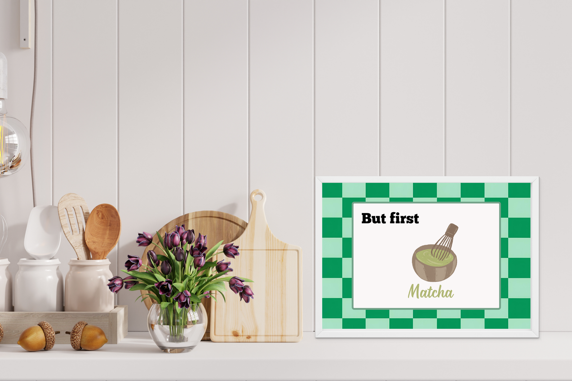 Aesthetic matcha printable framed in a soft living kitchen