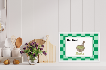 Aesthetic matcha printable framed in a soft living kitchen