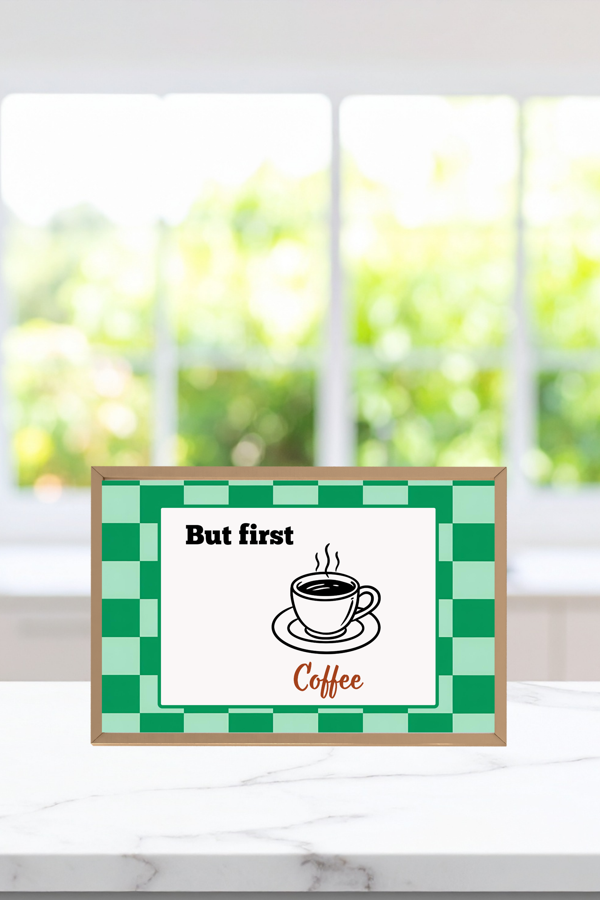 Soft-life kitchen decor featuring a retro print with a coffee quote, "But first Coffee."