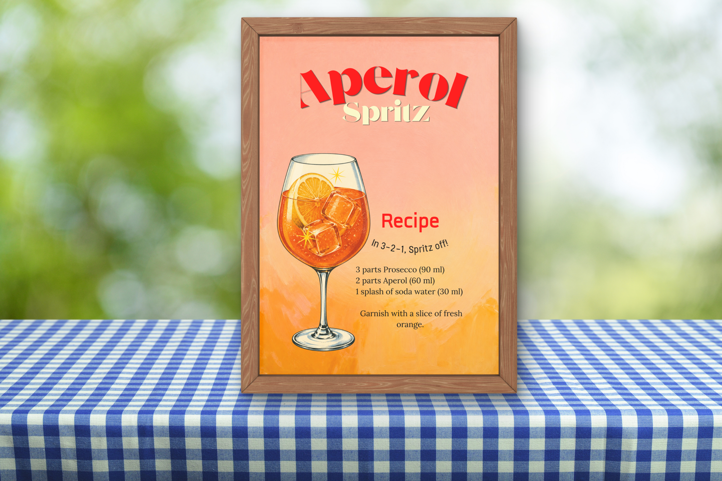 Retro Aperol art print with cocktail recipe and Mediterranean illustration