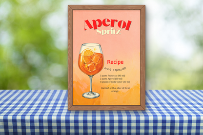Retro Aperol art print with cocktail recipe and Mediterranean illustration