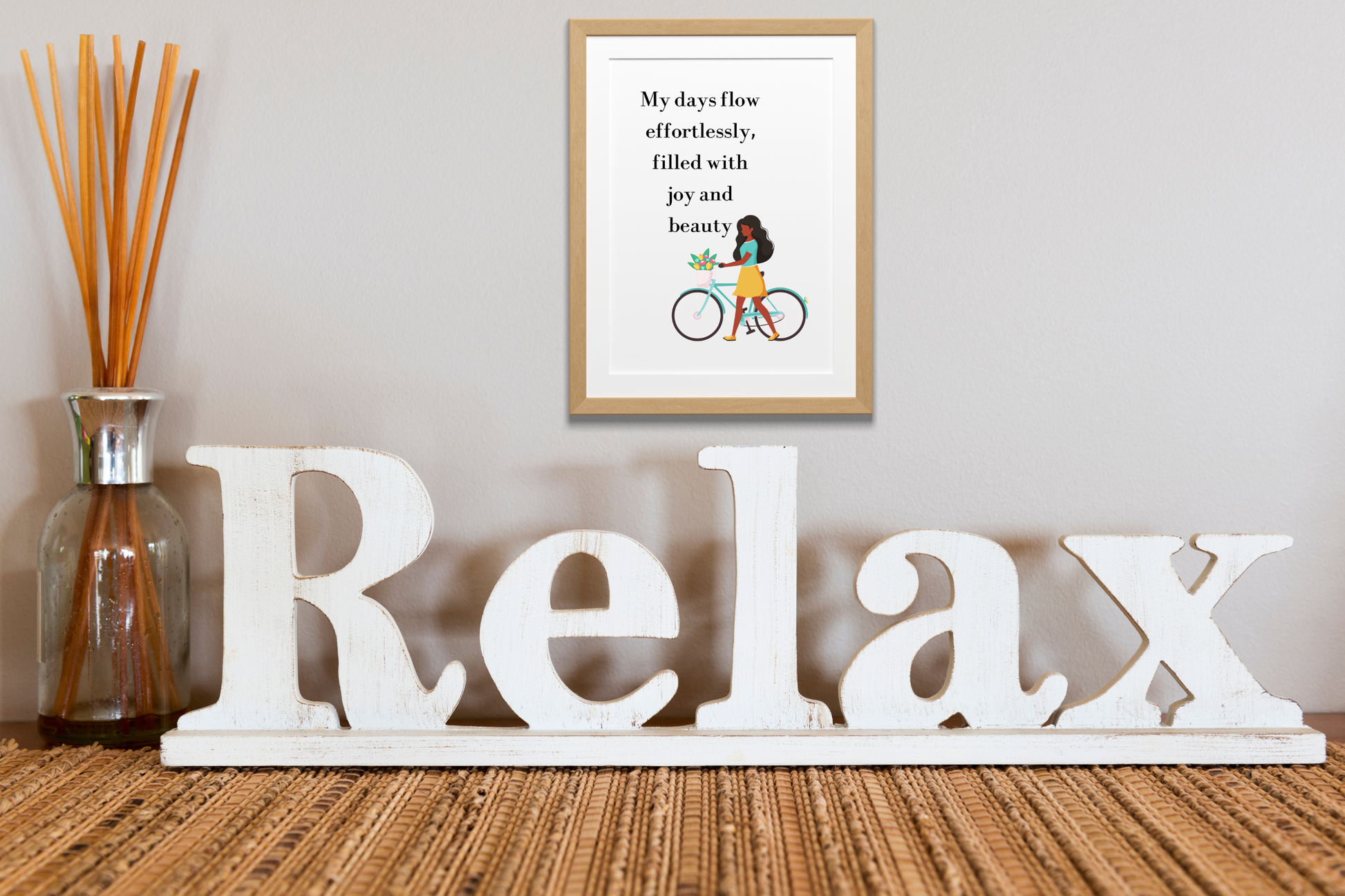 Office/Relaxation Area: Digital self-care wall print with the message “My days flow effortlessly, filled with joy and beauty,” styled in a contemporary office or wellness corner to encourage ease and focus.