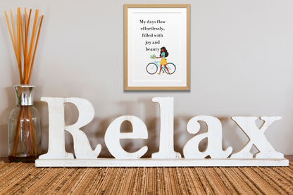 Office/Relaxation Area: Digital self-care wall print with the message “My days flow effortlessly, filled with joy and beauty,” styled in a contemporary office or wellness corner to encourage ease and focus.