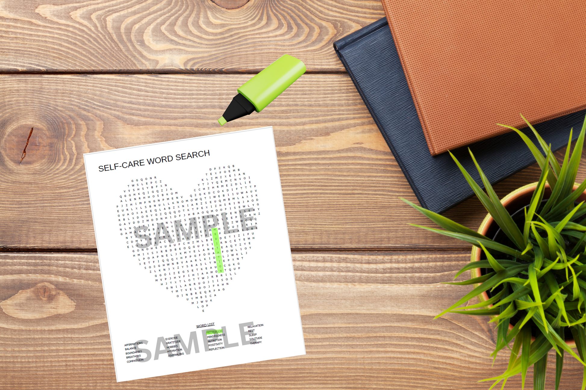 Digital word search activity with self-love and motivational words styled on a minimalist desk