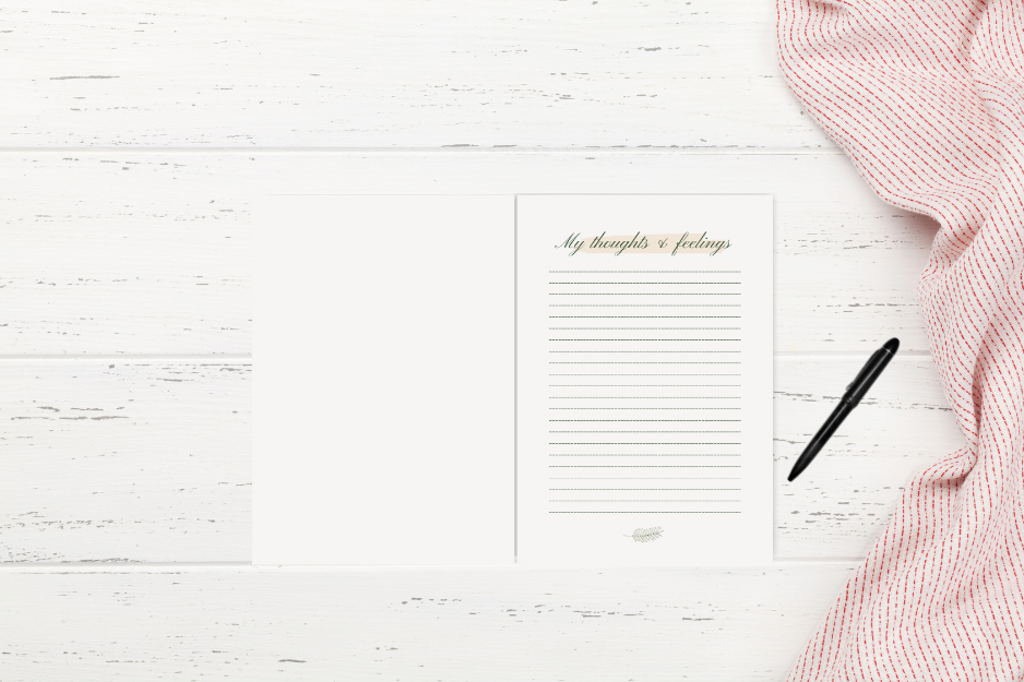 Woman journaling in My Thoughts & Feelings notebook—soft life routine for personal growth, mindset work, and emotional healing.

