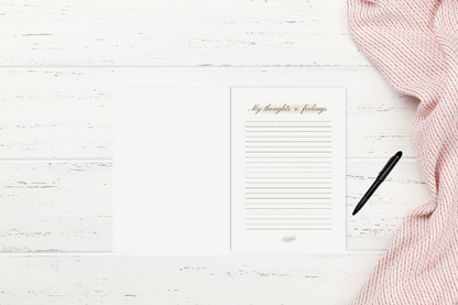 Woman journaling in My Thoughts & Feelings notebook—soft life routine for personal growth, mindset work, and emotional healing.

