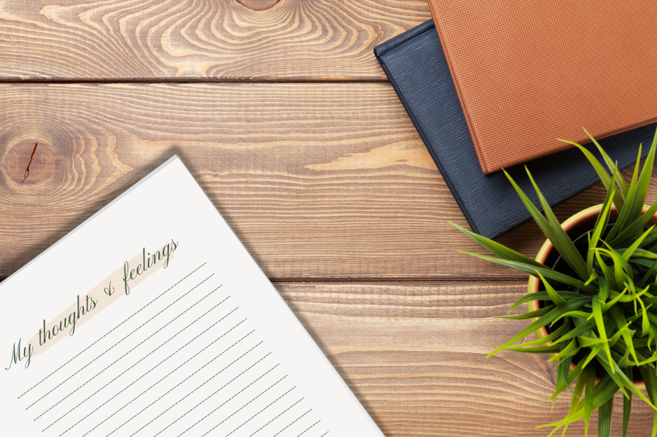 Stack of luxury mindset journals for women including My Thoughts & Feelings—designed for emotional wellness and mindful living.

