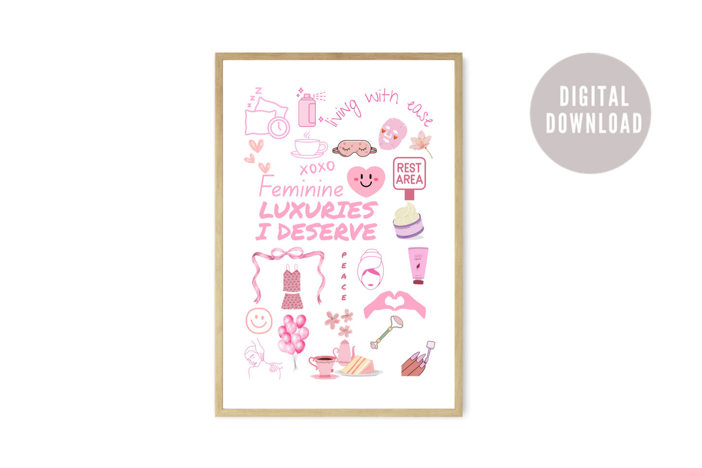 Feminine Luxuries ideas maximalist printable wall art poster with bold colours displayed in a modern living room.