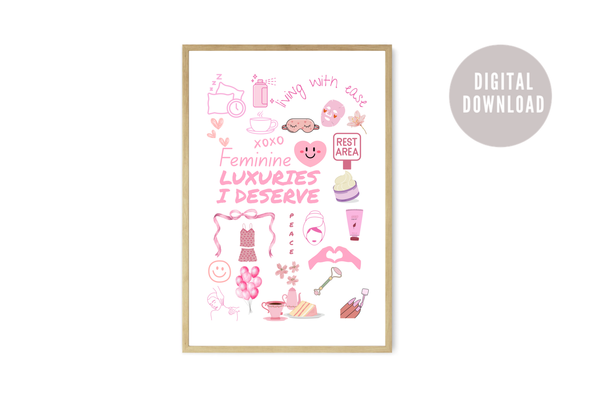 Feminine Luxuries ideas maximalist printable wall art poster with bold colours displayed in a modern living room.