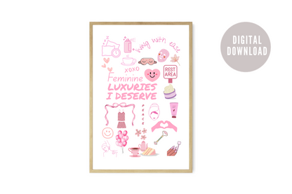 Feminine Luxuries ideas maximalist printable wall art poster with bold colours displayed in a modern living room.