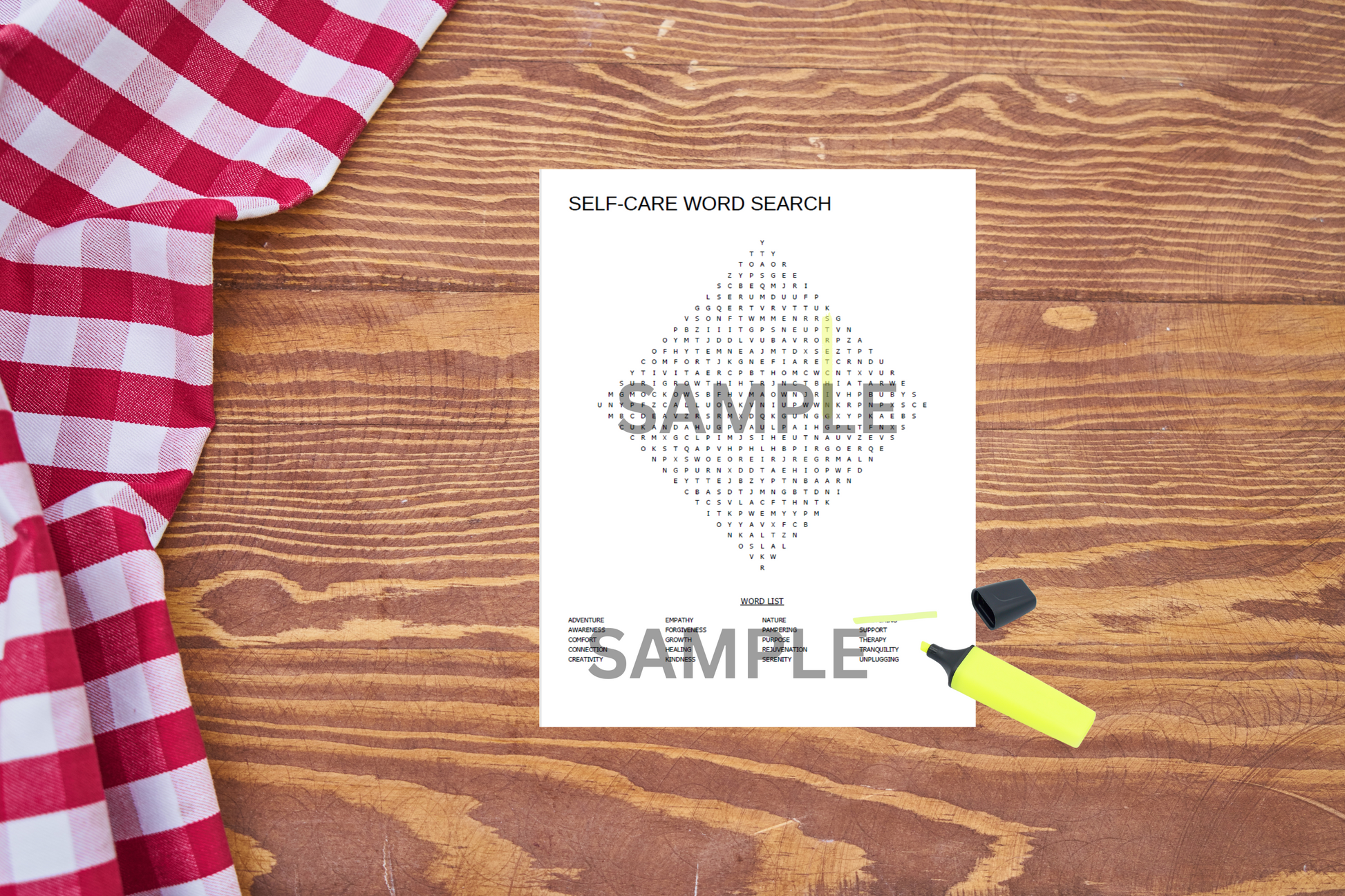 Diamond-shaped word search with positive affirmation words on a kitchen table