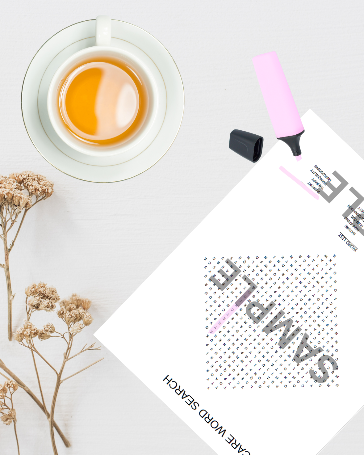 Inspirational self-care printable in diamond pattern shown with a cup of tea