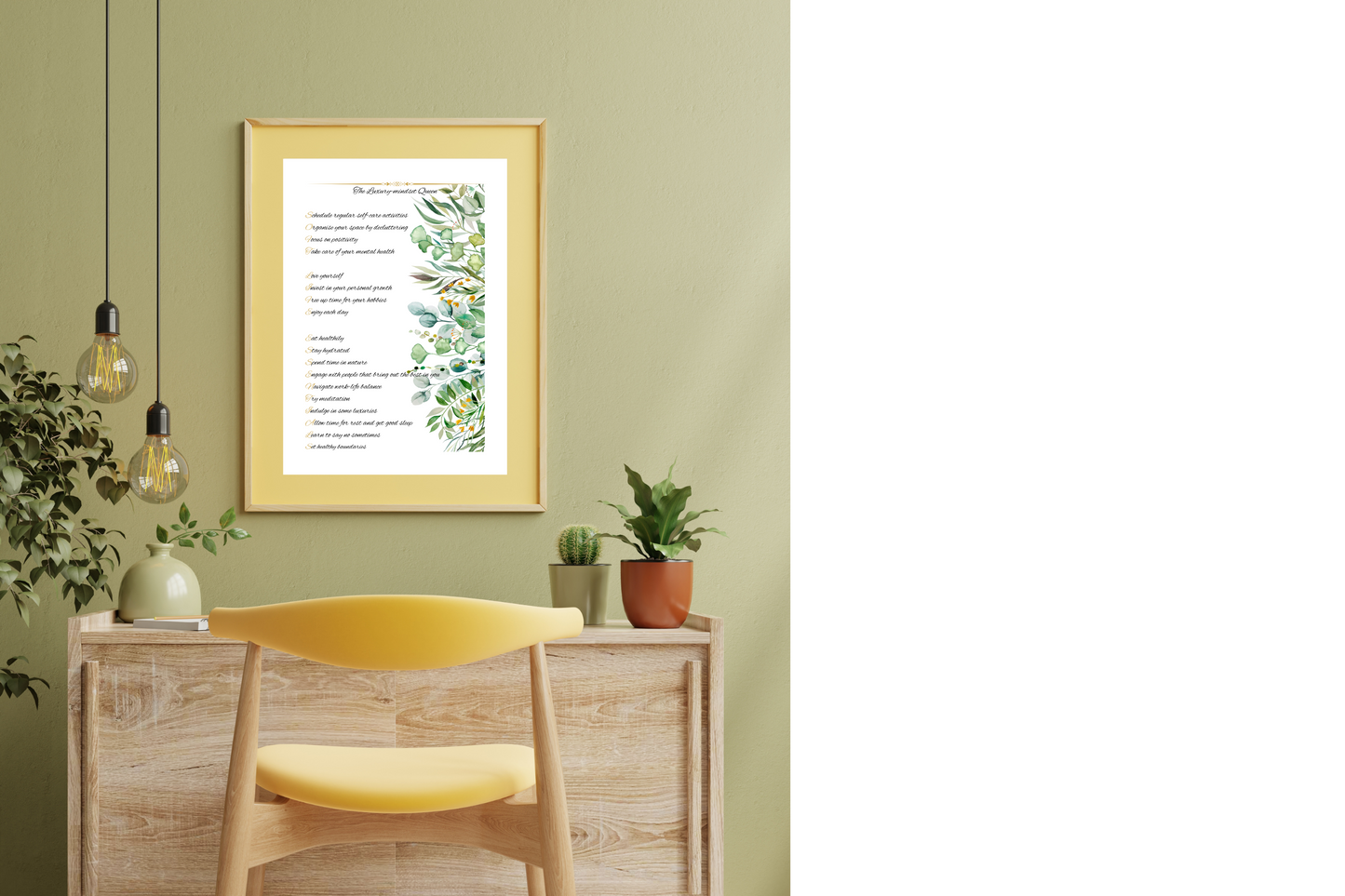 Digital download of a minimalist poster listing soft life essentials like rest, hydration, boundaries, and mindfulness.