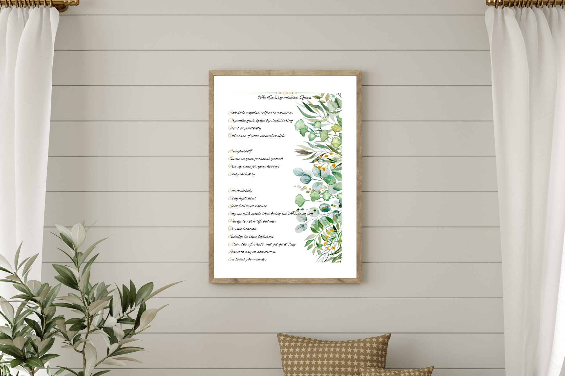 Framed Soft Life Essentials checklist poster with floral accents, styled on a modern desk with neutral decor and greenery.