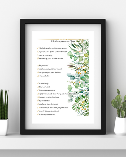 Printable self-care checklist wall art titled “Soft Life Essentials” featuring wellness habits and a calming pastel design.