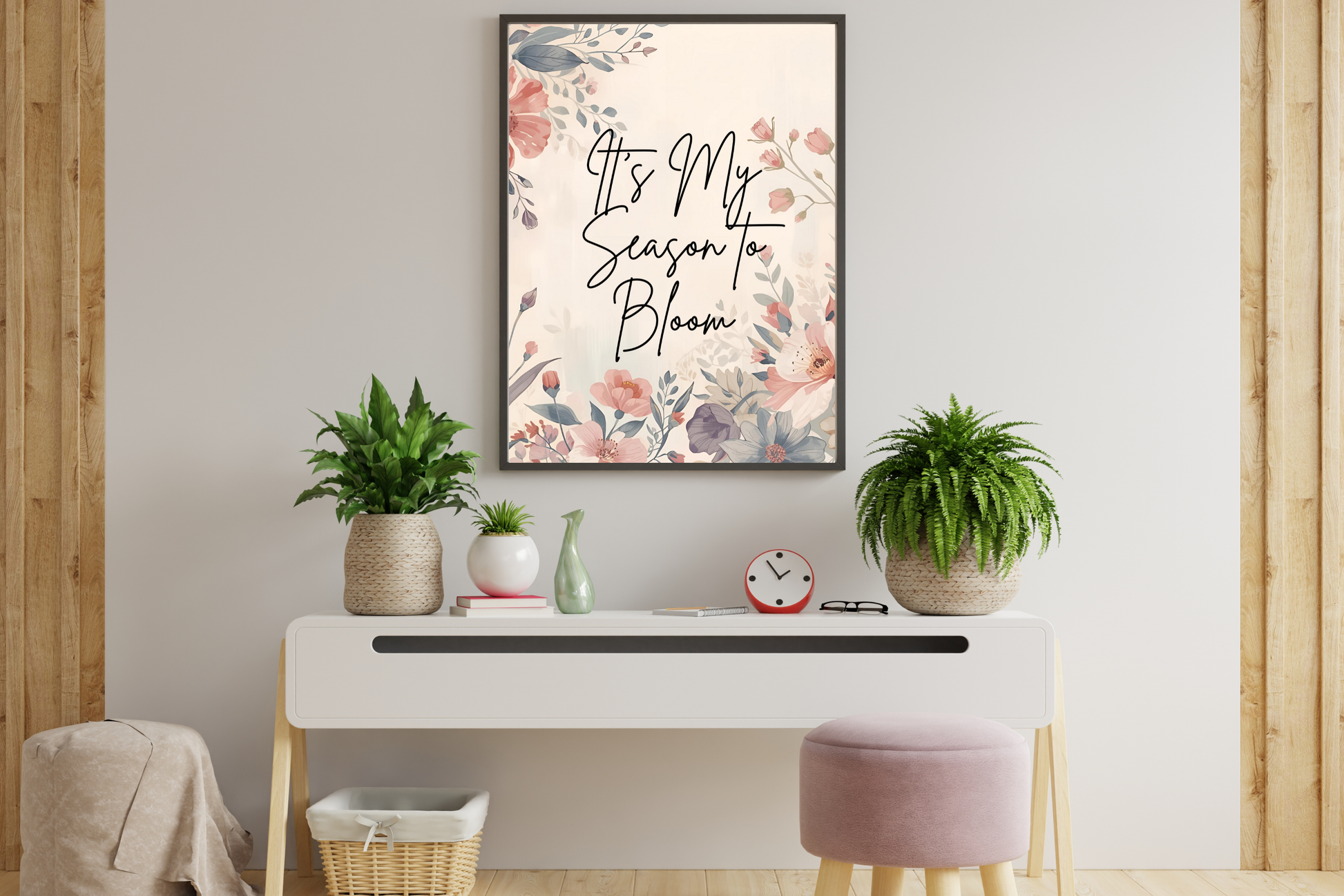 Empowering feminine digital wall art poster with boho floral design displayed in a home office.
