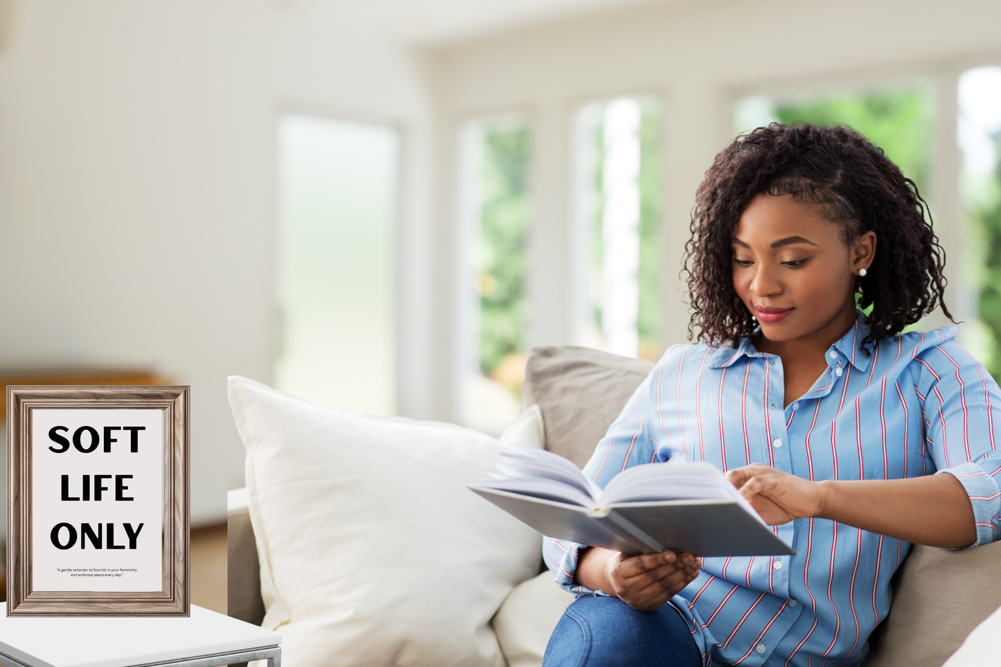 SOFT LIFE ONLY printable wall art poster with black font on grey background styled in a minimalist living room