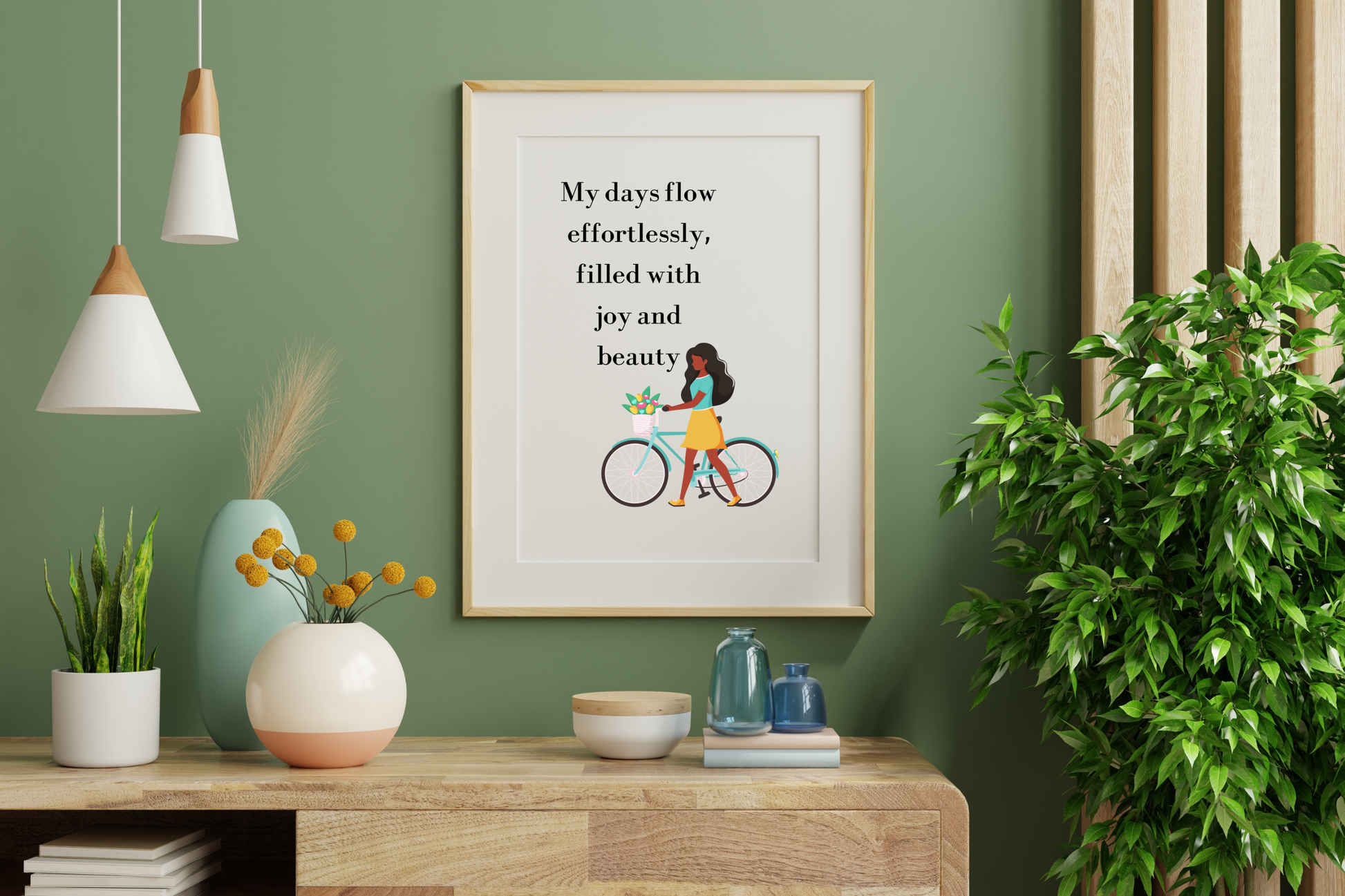 Living Room: Feminine printable wall art featuring a woman with a bike outdoors and the quote “My days flow effortlessly, filled with joy and beauty,” displayed in a modern living room with soft neutral tones.