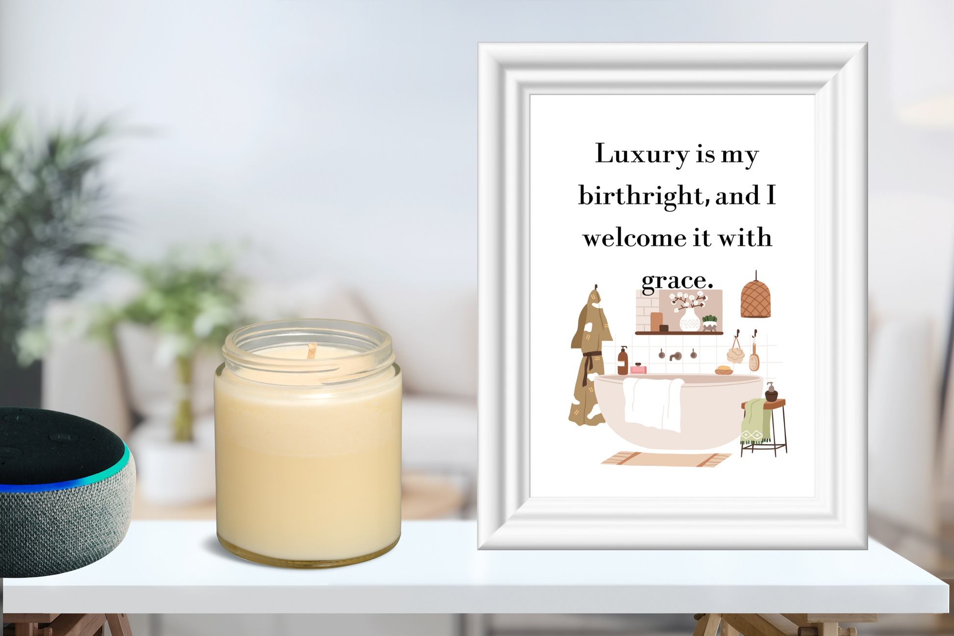 Maximalist printable wall art with the affirmation “Luxury Is My Birthright, and I Welcome It with Grace” displayed in a chic living room with modern feminine decor.