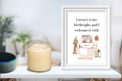 Maximalist printable wall art with the affirmation “Luxury Is My Birthright, and I Welcome It with Grace” displayed in a chic living room with modern feminine decor.