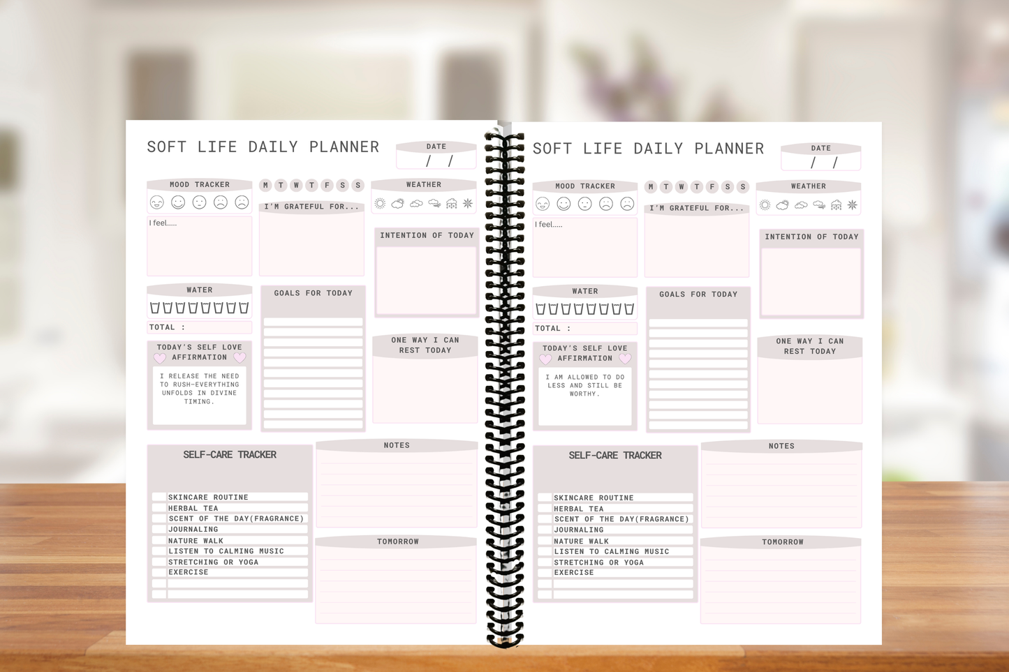 Inside page of Soft Life Daily Planner showing goal setting, mood tracker, gratitude, and daily affirmation sections.