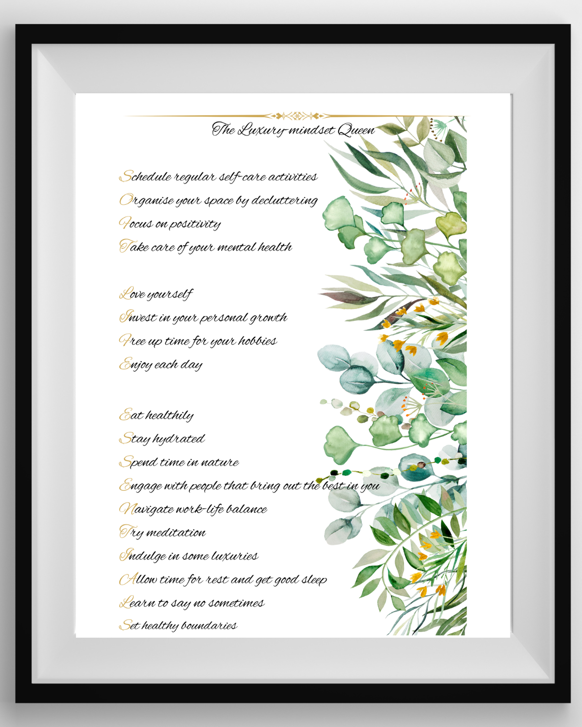 A digital poster with a white background featuring text about self-care activities, surrounded by illustrated greenery and botanical designs.