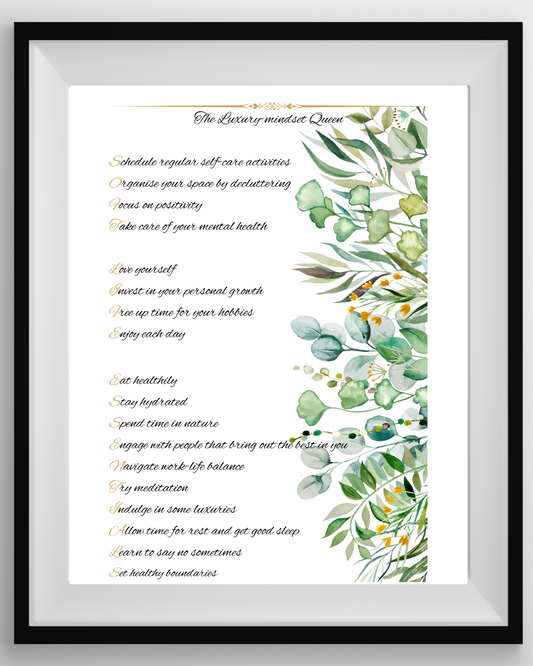 A digital poster with a white background featuring text about self-care activities, surrounded by illustrated greenery and botanical designs.