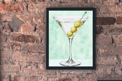 Soft green martini illustration framed above stylish home bar
