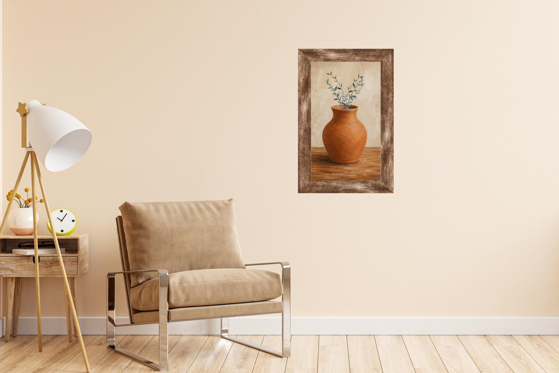 Soft life printable wall art featuring dainty leaves and an earthy terracotta vase