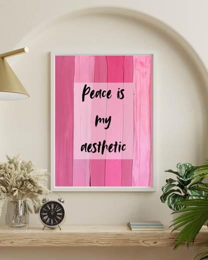 Soft pink typography art print displayed in a calm reading corner.