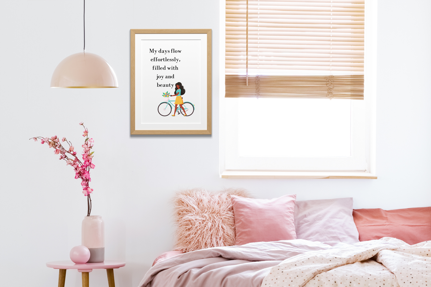 Bedroom: Motivational wall art with a feminine aesthetic and peaceful quote, displayed above a bedside table to inspire relaxation and joy.