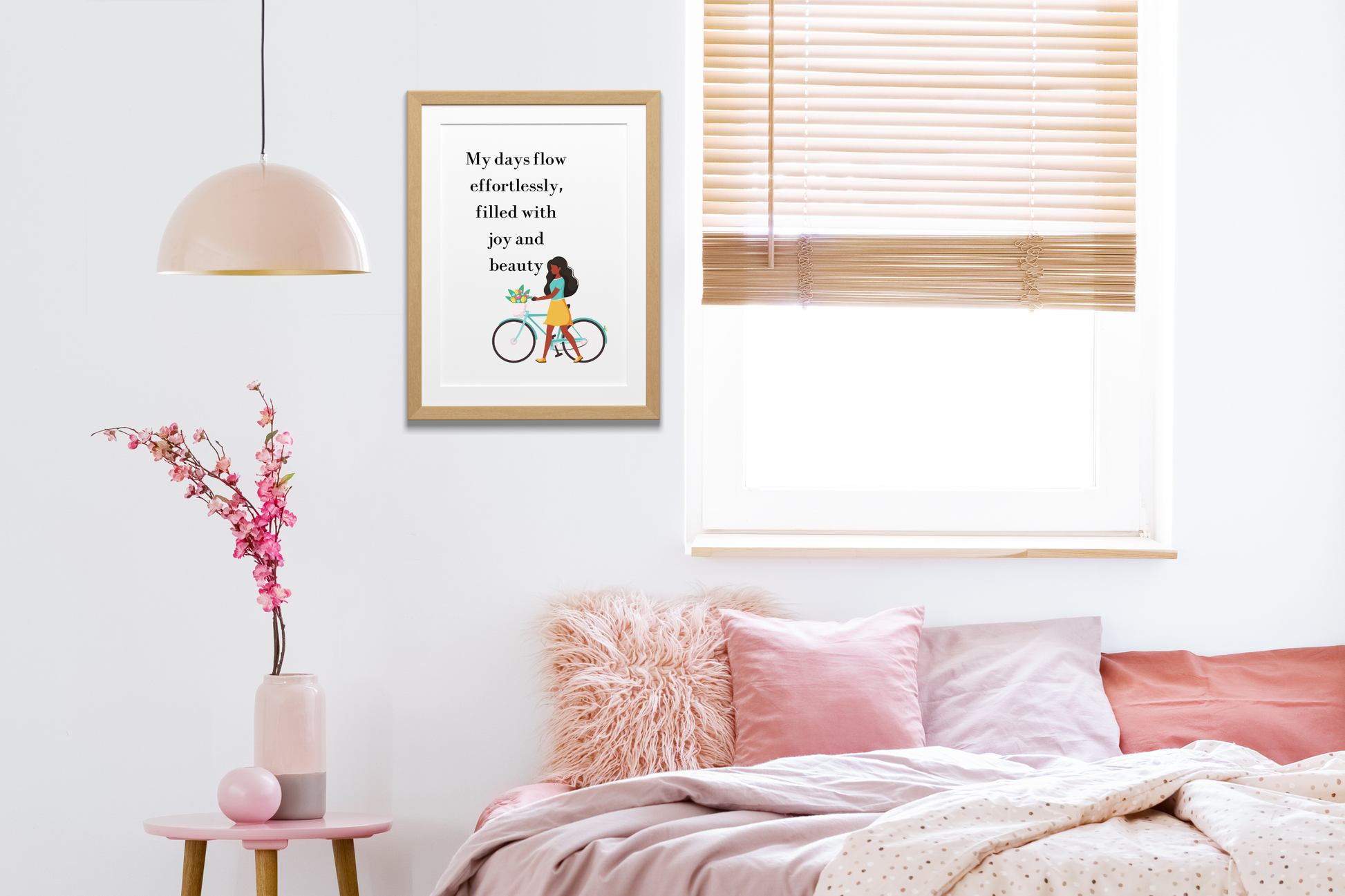 Bedroom: Motivational wall art with a feminine aesthetic and peaceful quote, displayed above a bedside table to inspire relaxation and joy.