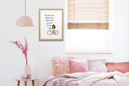 Bedroom: Motivational wall art with a feminine aesthetic and peaceful quote, displayed above a bedside table to inspire relaxation and joy.